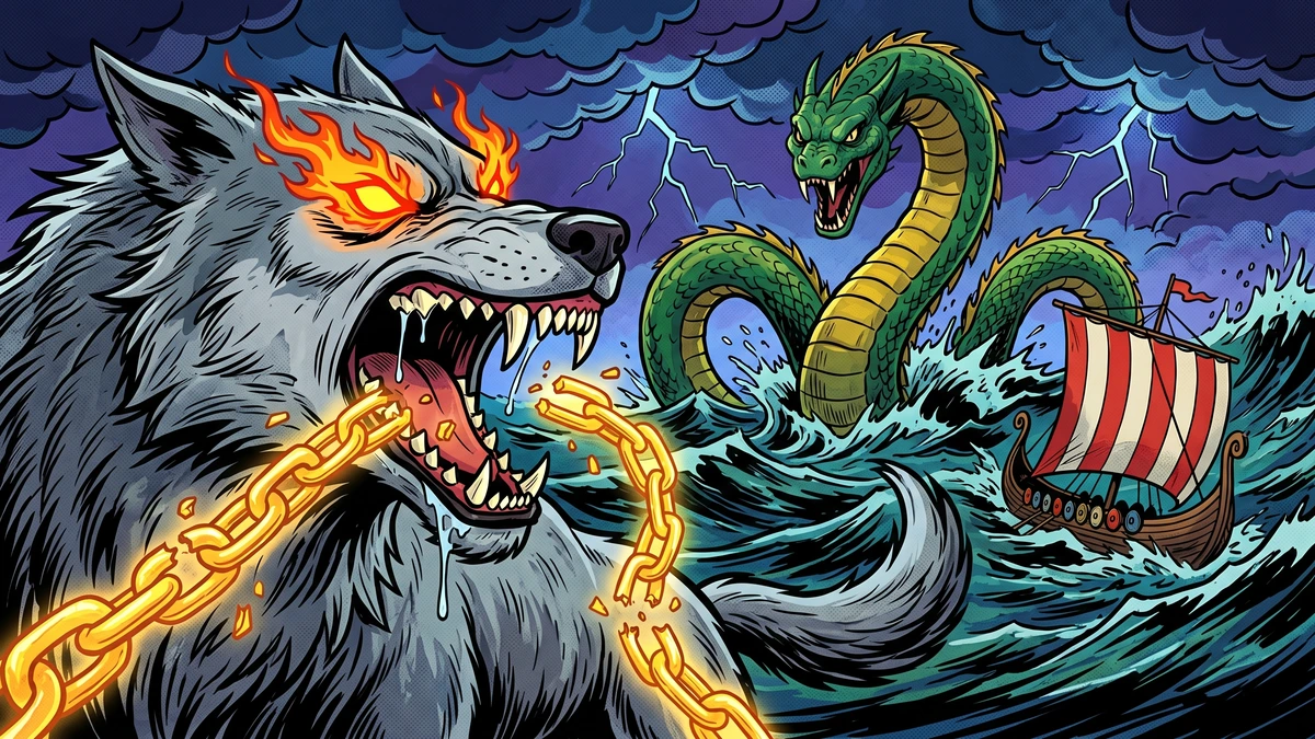 Ragnarok - the wolf Fenrir breaks free of his chain as Jormungandr the sea serpent rises, vibrant Amar Chitra Katha style