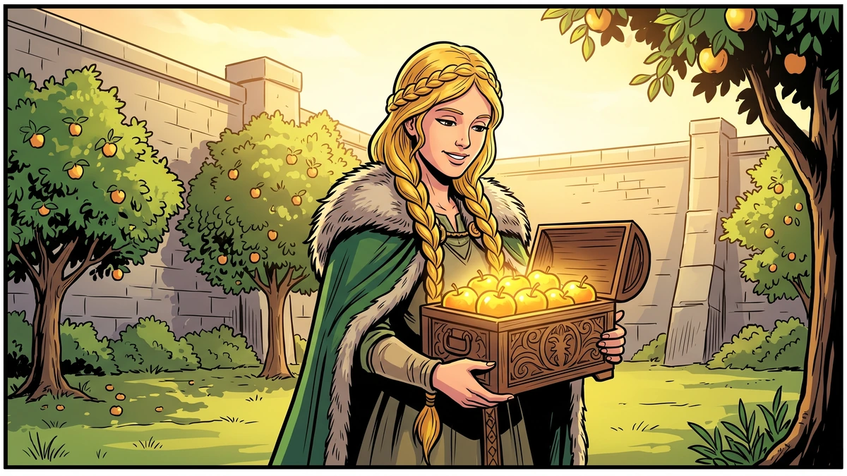 The Apples of Idun Norse myth ACK illustration cover - the goddess Idunn holding a carved casket of glowing golden apples in a sunlit walled Asgard orchard
