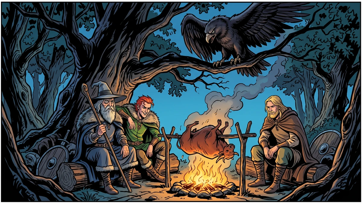 Odin Loki and Honir camp around a fire in a dark oak wood while the giant Thjazi in eagle form watches from the branches above