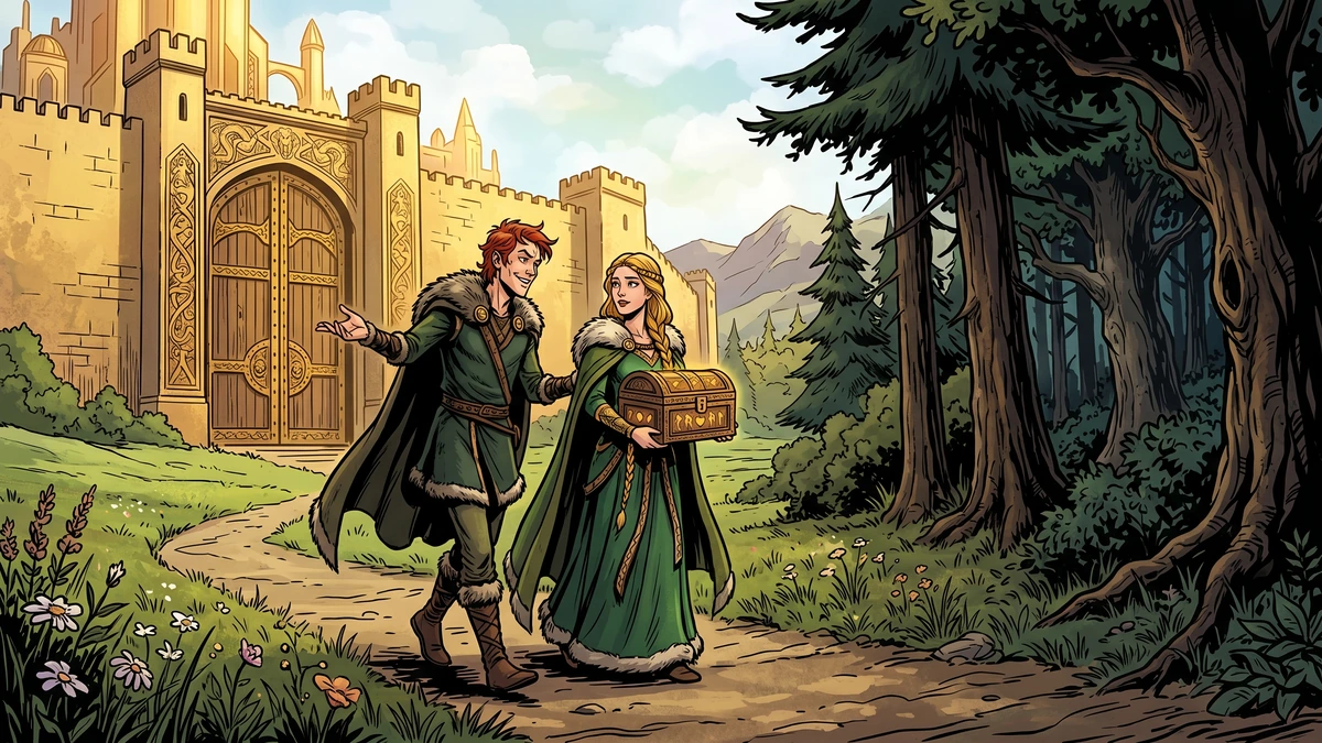 Loki leads the goddess Idunn out through the gates of Asgard toward a dark forest while she carries her casket of golden apples