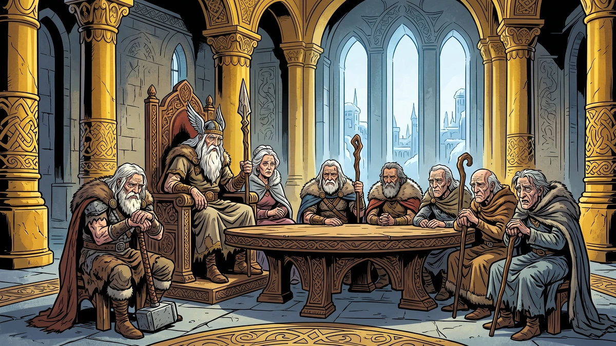 The gods of Asgard aged into stooped white-haired elders gathered in anxious council in a golden pillared hall