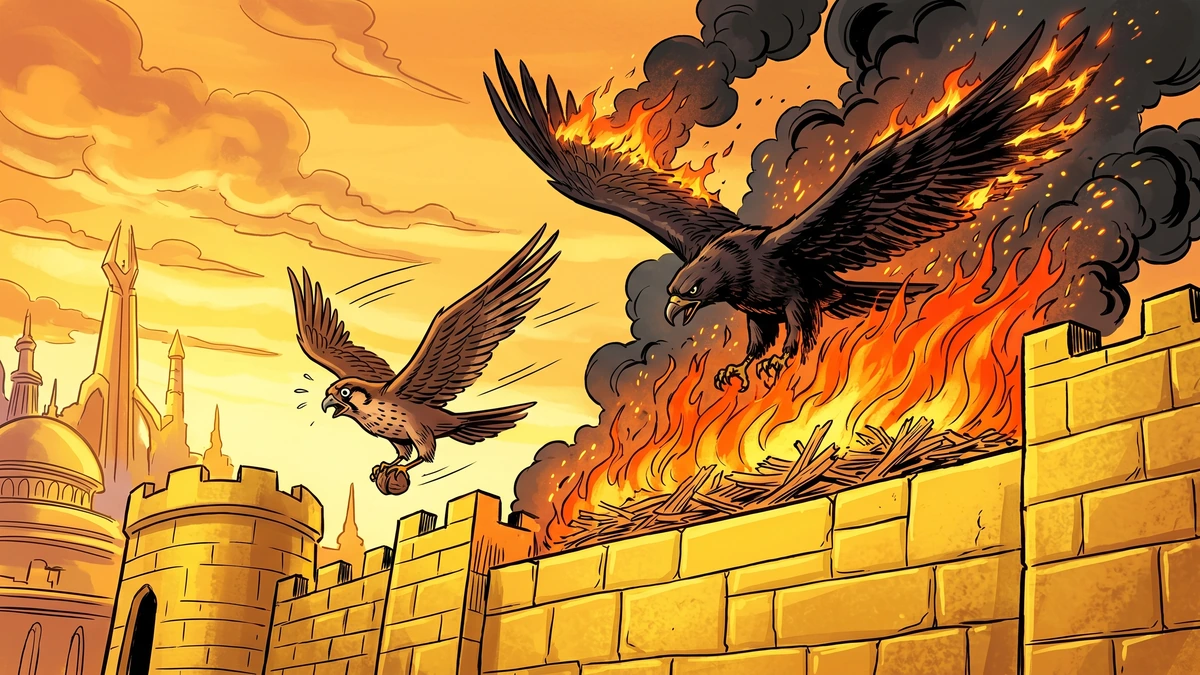 Loki as a falcon carries Idunn home as the giant eagle Thjazi plunges burning into the wall of fire on the rampart of Asgard