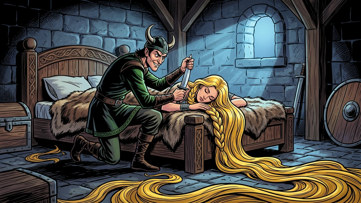 Loki the trickster lifting a knife over the sleeping goddess Sif to cut her golden hair