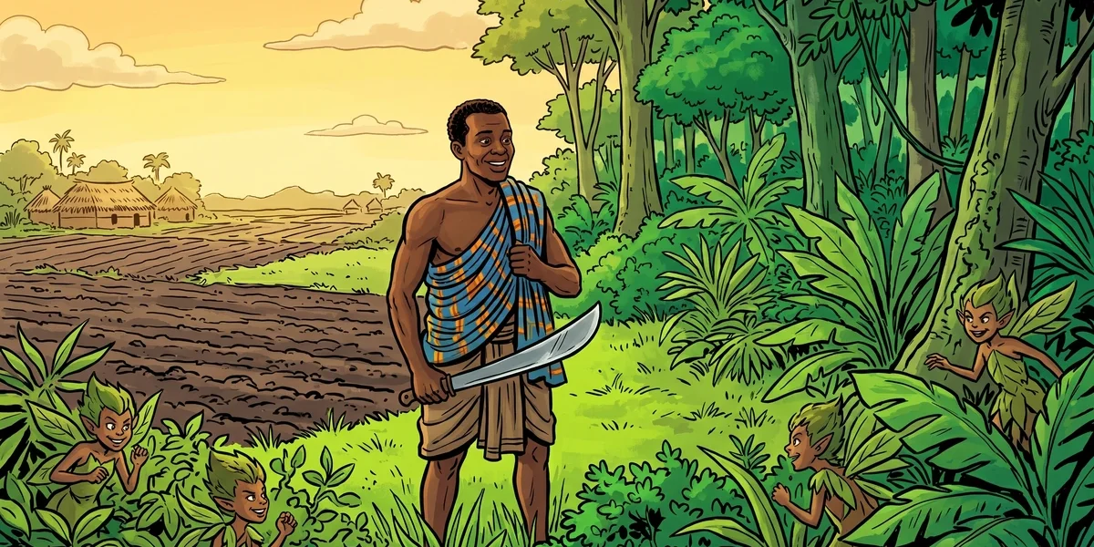 Farmer Mybrow and the Fairies - cover illustration - Akan Gold Coast farmer at the forest edge, vibrant Amar Chitra Katha style