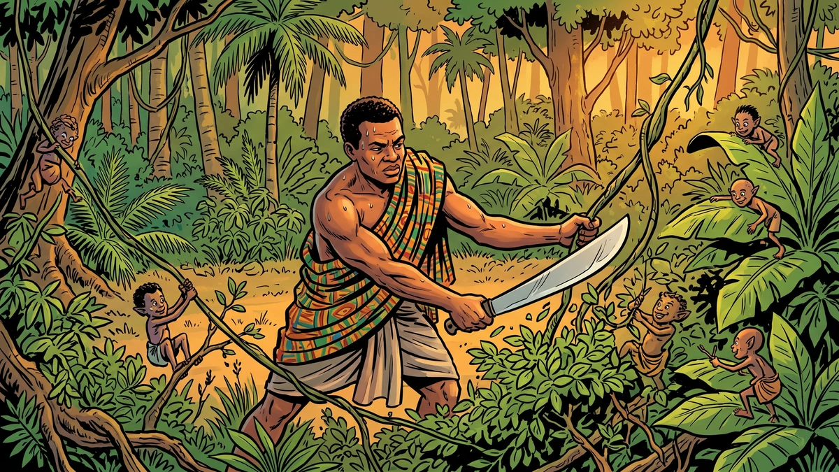 Farmer Mybrow clears the bushes at the forest edge while the mmoatia fairy spirits help — Amar Chitra Katha style