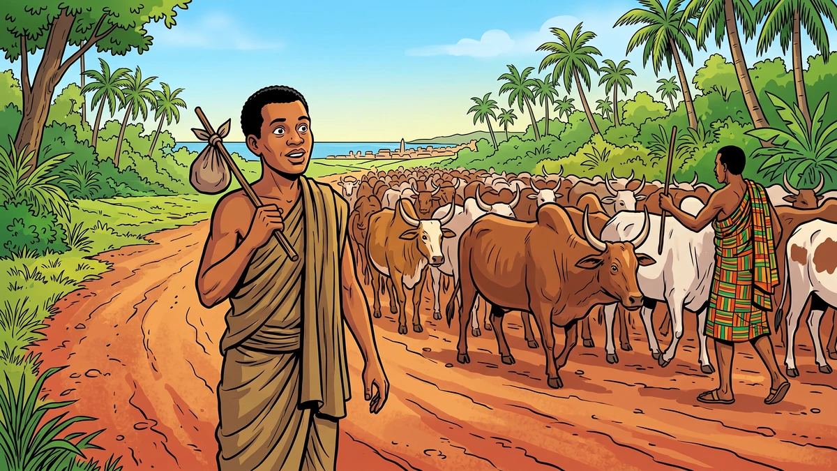 An Akan traveller with a bundle on a stick meets a herdsman and a great herd of cattle on the road to Accra in the West African folk tale Honourable Minu
