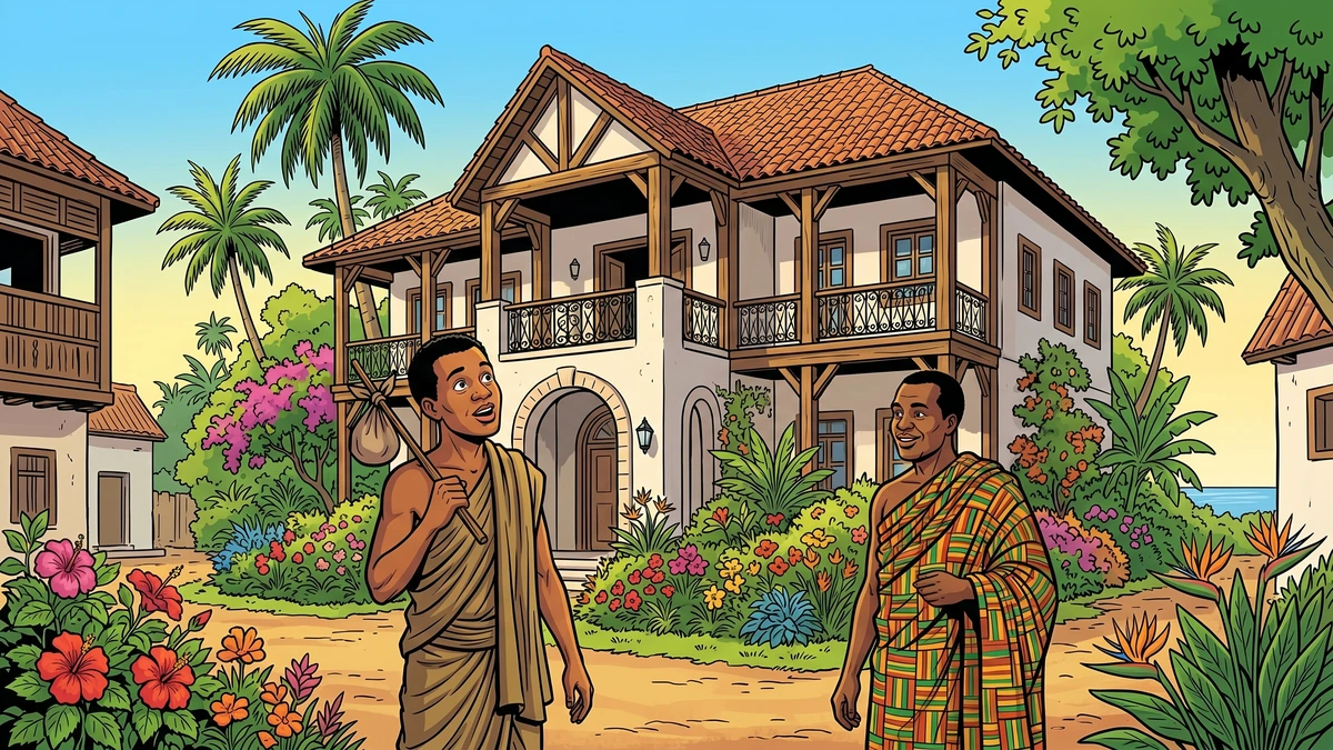 The Akim traveller gazes in amazement at a grand house and flower gardens in a Gold Coast town in the folk tale Honourable Minu