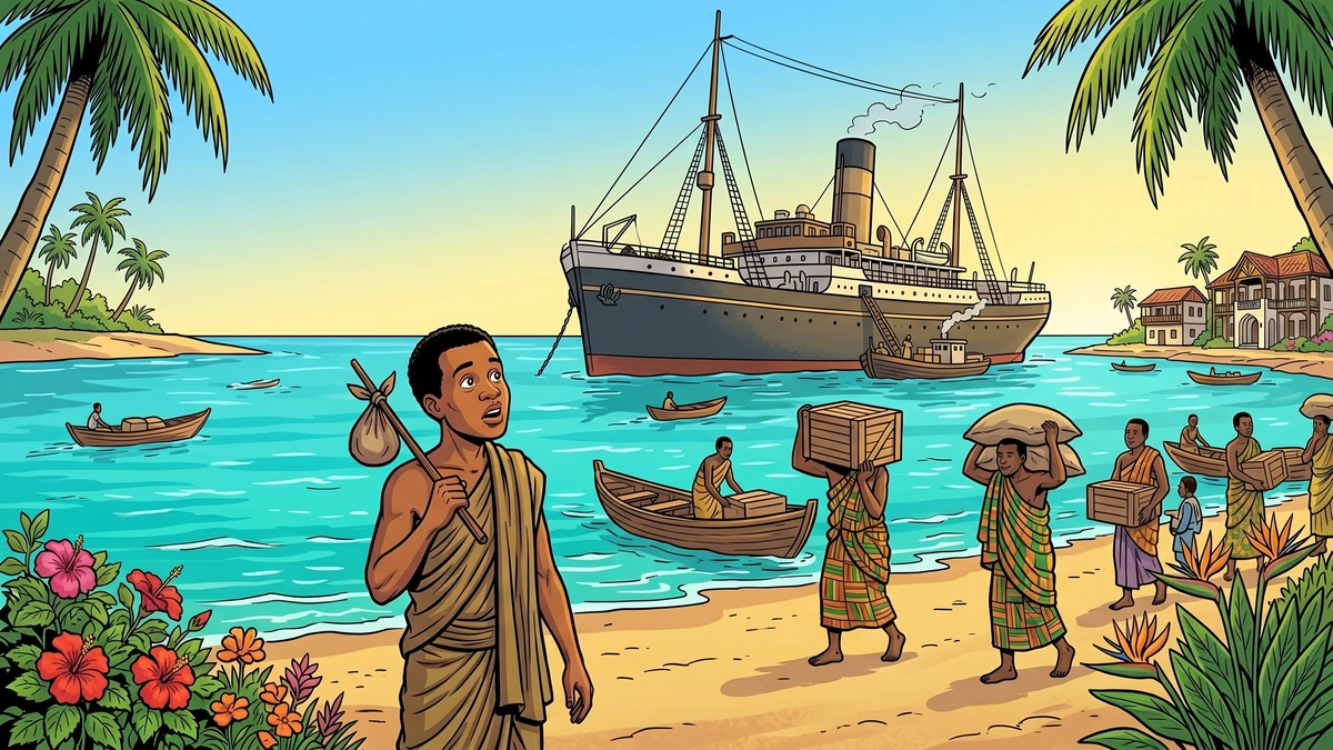 The traveller watches a steamer being loaded with cargo in the Accra harbour in the West African folk tale Honourable Minu
