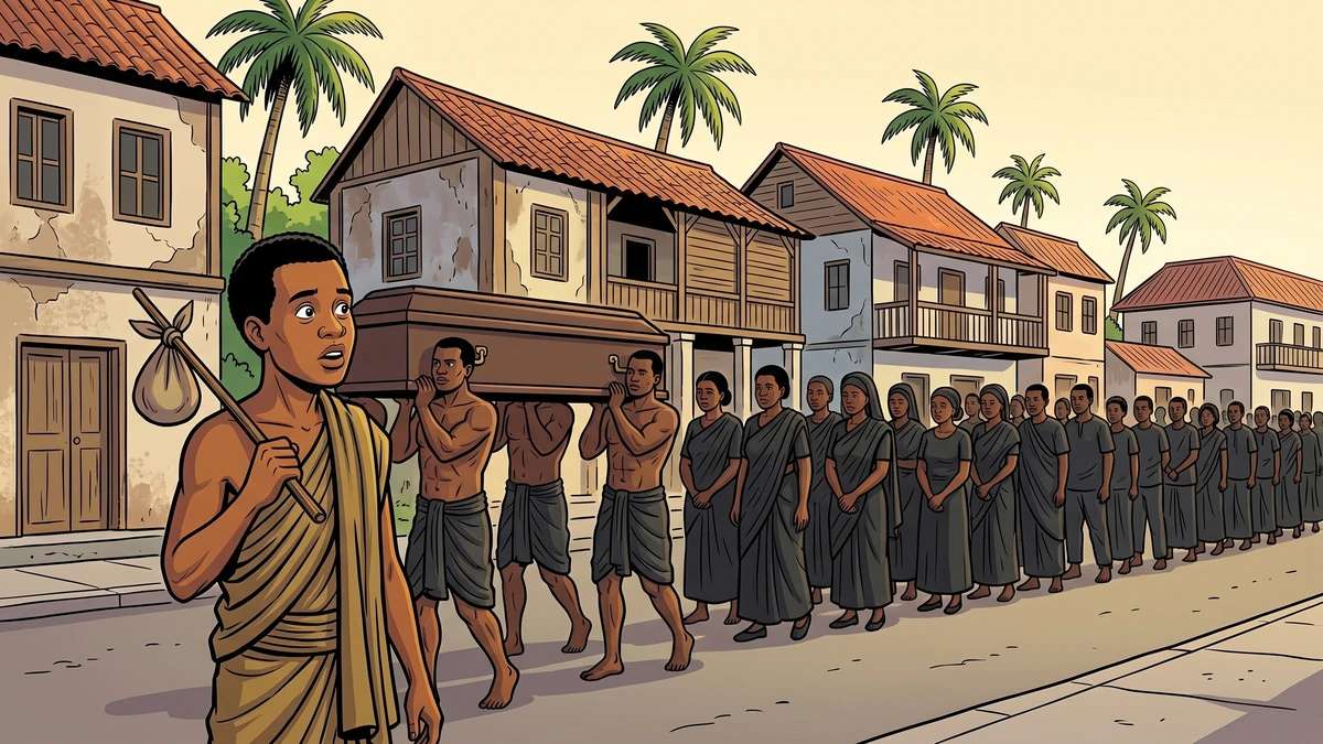The traveller watches a funeral procession with a coffin and mourners dressed in black in the folk tale Honourable Minu
