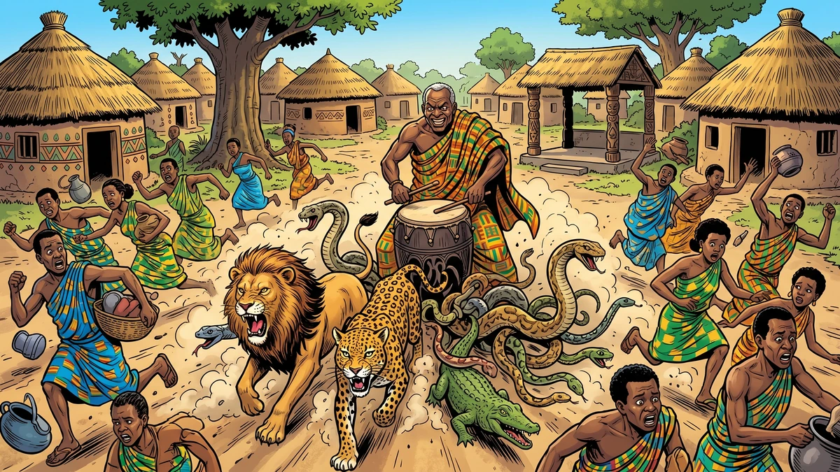 Anansi beats the forbidden Dong-dong drum — and beasts and serpents pour out instead of food.