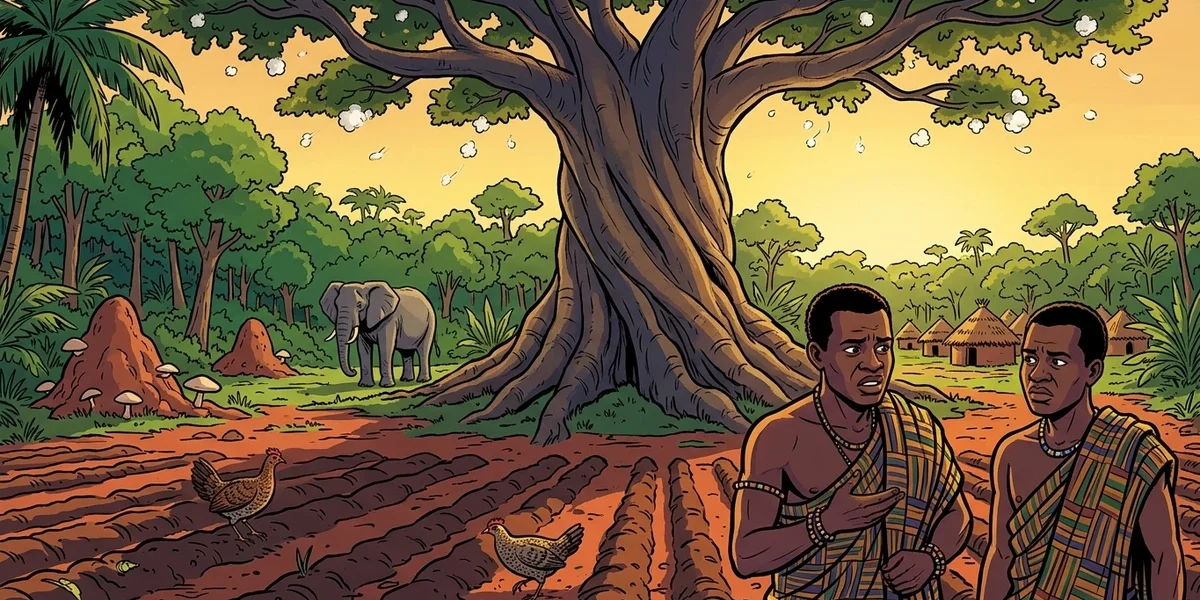 How Mushrooms First Grew - West African Ashanti folk tale cover - two Ashanti brothers, silk-cotton tree, elephant and termite mounds in a Gold Coast forest, vibrant Amar Chitra Katha style