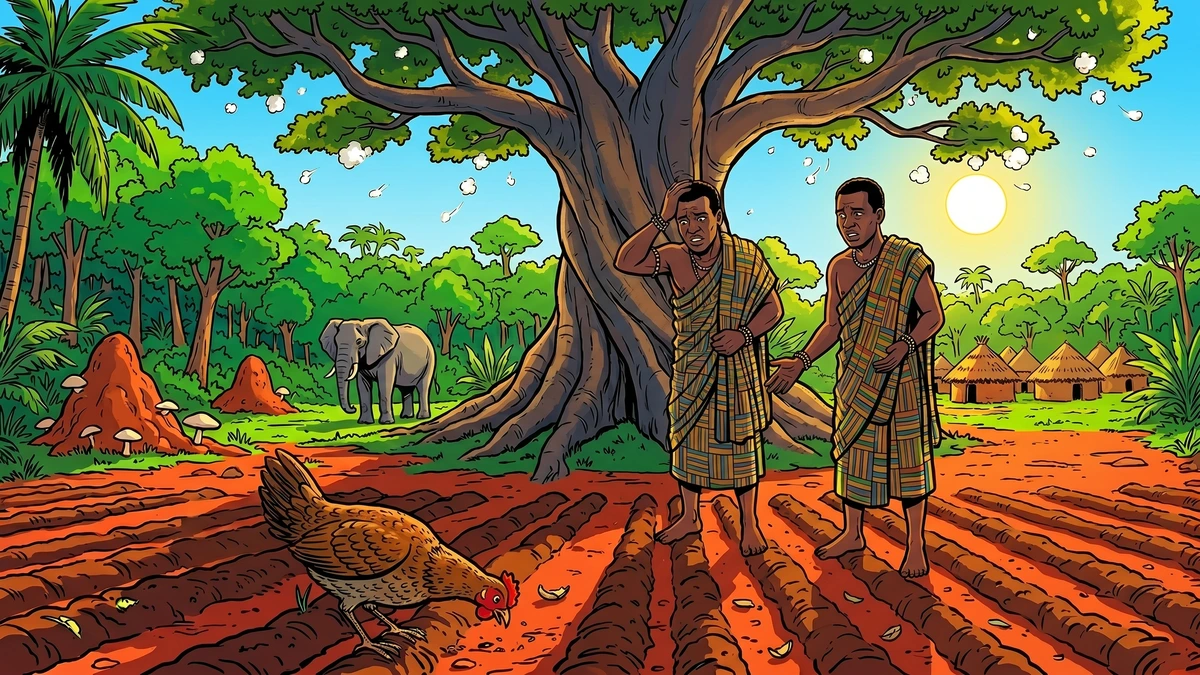 How Mushrooms First Grew - two Ashanti brothers dismayed at their ruined cornfield with a bushfowl, vibrant Amar Chitra Katha style
