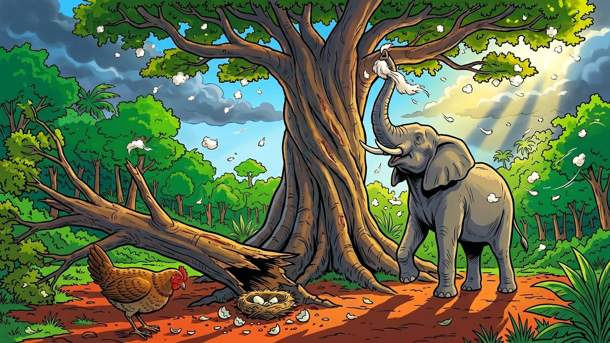 How Mushrooms First Grew - the silk-cotton tree after the hurricane and an elephant pulling silk cotton, vibrant Amar Chitra Katha style