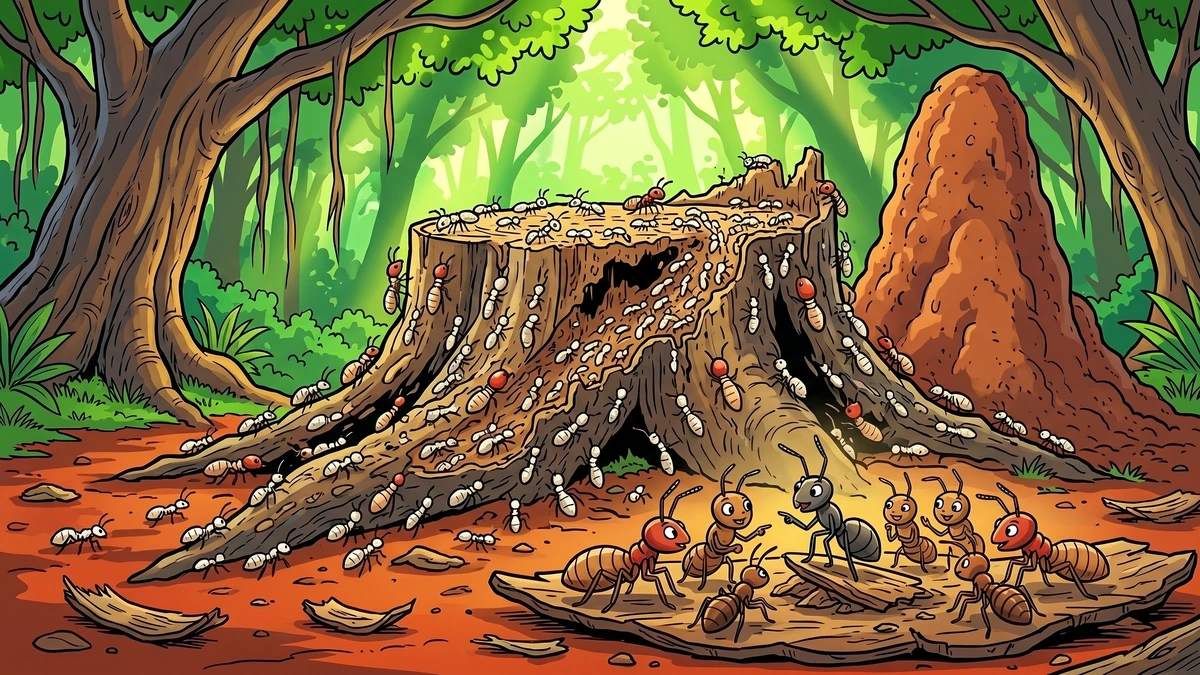 How Mushrooms First Grew - the council of white ants at the tree-stump, vibrant Amar Chitra Katha style