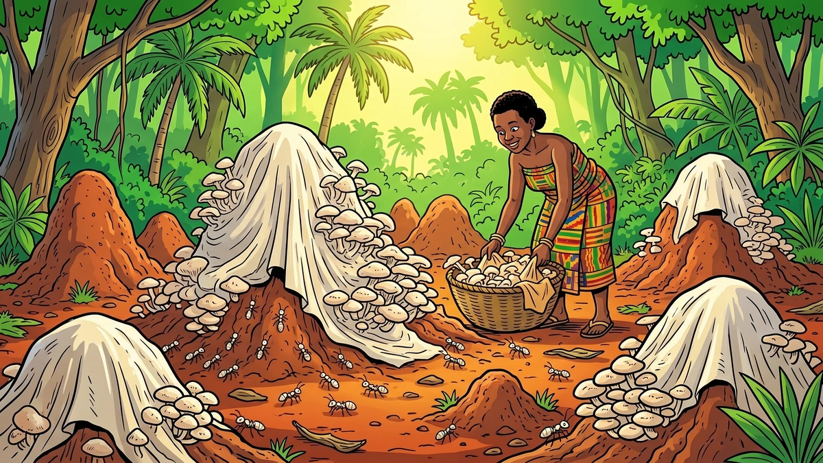 How Mushrooms First Grew - white linen and the first mushrooms on termite mounds, vibrant Amar Chitra Katha style