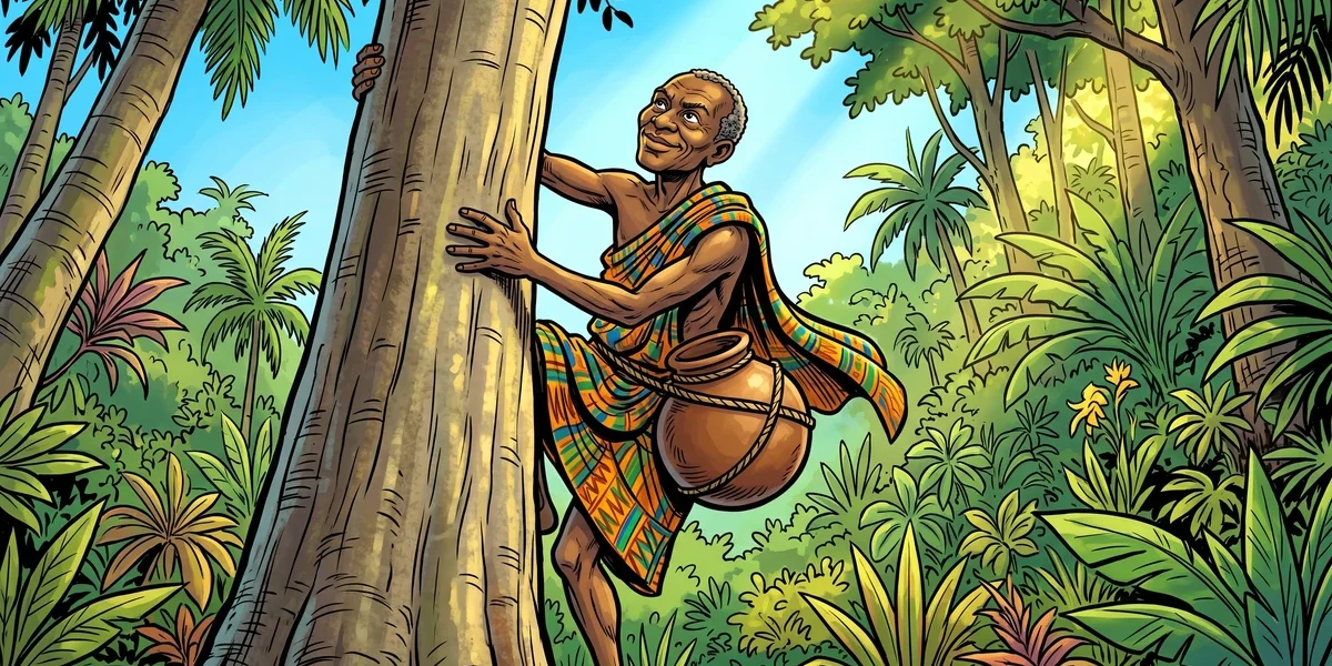 Father Anansi the spider trickster climbing a tall tree with the sealed pot of all wisdom tied to his belly