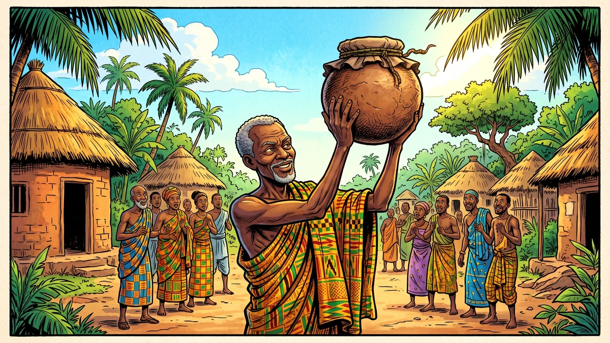 Father Anansi proudly displays the sealed pot in which he has gathered all the wisdom of the world.