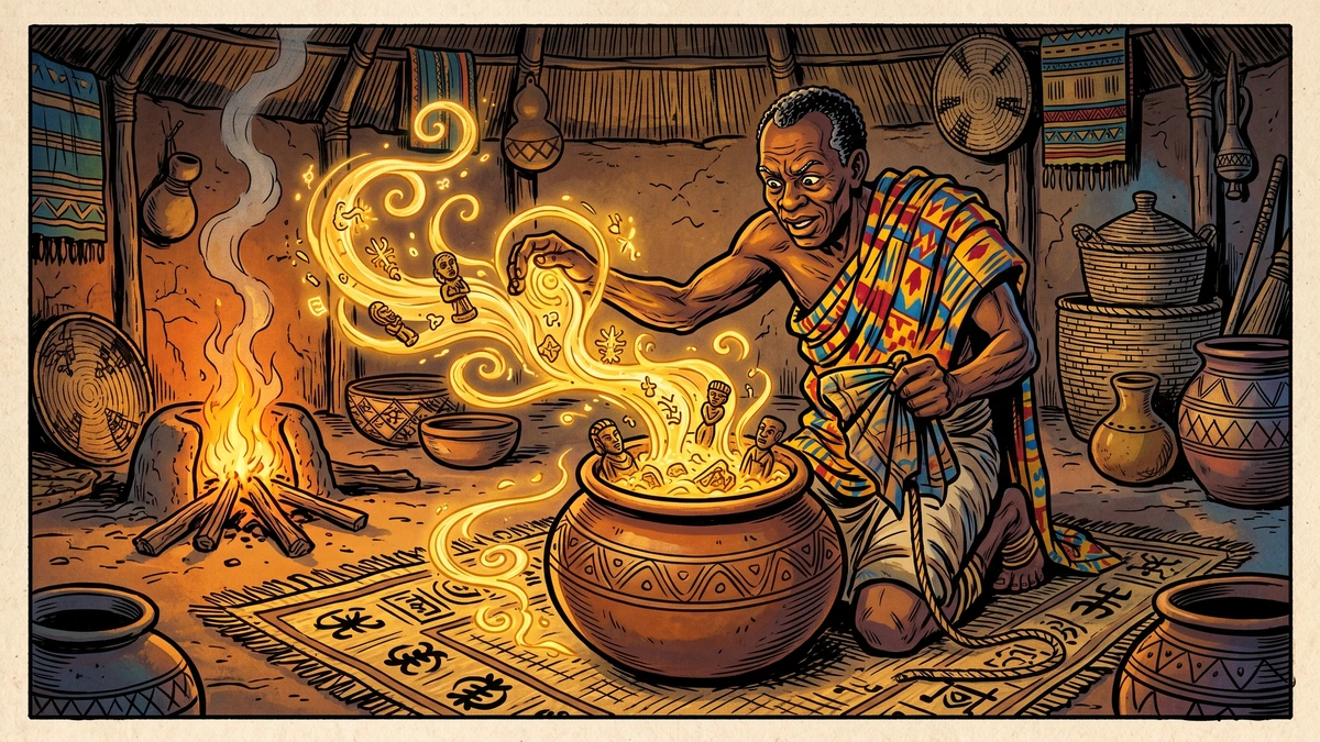 Inside his hut, Anansi collects every glowing thread of wisdom into a great earthen pot.