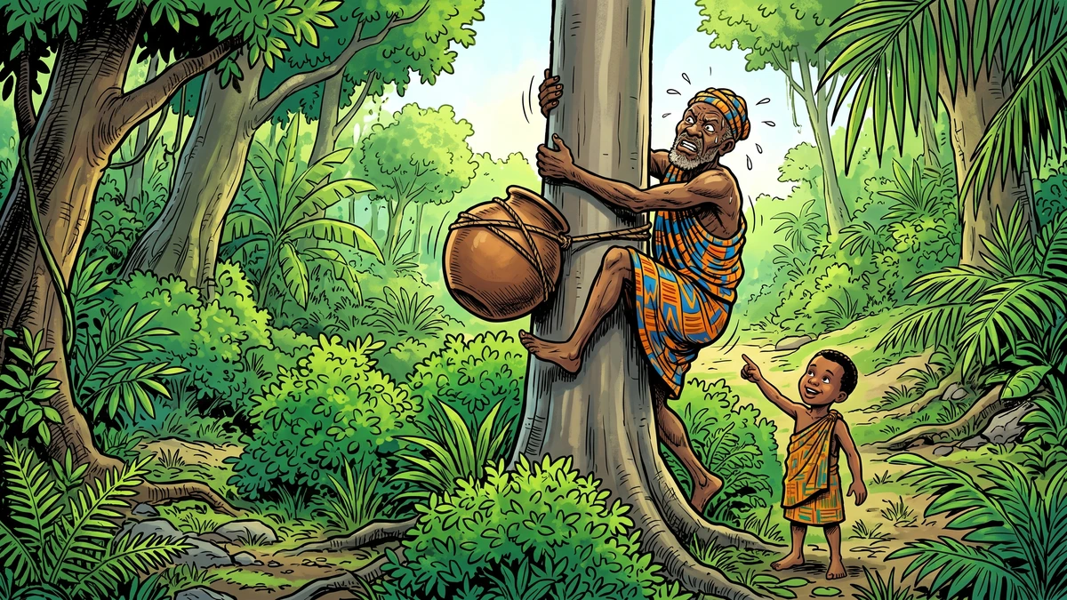 Jammed by the pot tied in front of him, Anansi struggles up the tree while his son Kweku Tsin calls out the simple solution.
