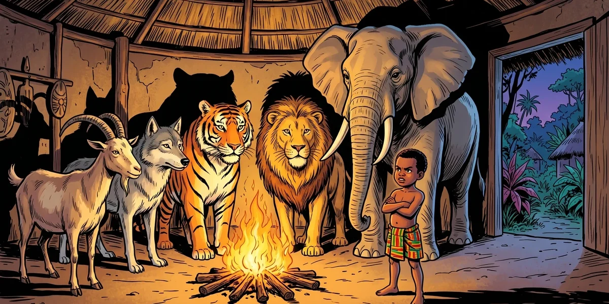 Quarcoo Bah-Boni - Cover - an Akan boy in kente cloth wrap and forest animals, Gold Coast West Africa, vibrant Amar Chitra Katha style