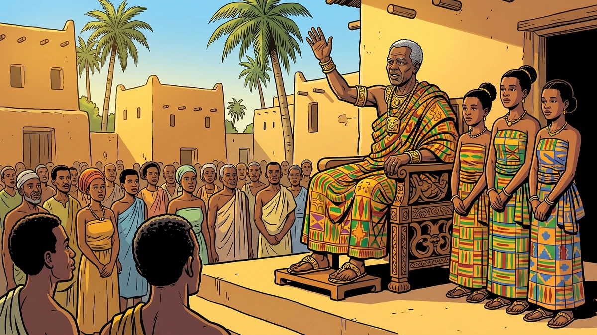 An Akan king in golden royal regalia proclaims that his three daughters will marry whoever discovers their secret names
