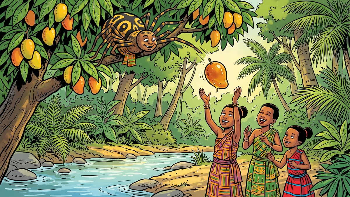 Anansi the spider hides in a fruit tree, dropping honey-glazed fruit to the king's three princesses below