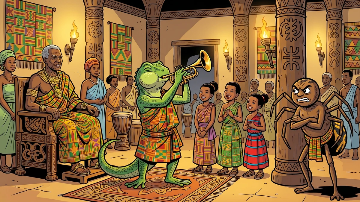 The lizard herald sounds the three secret names on his brass trumpet in the Akan royal court as Anansi watches angrily