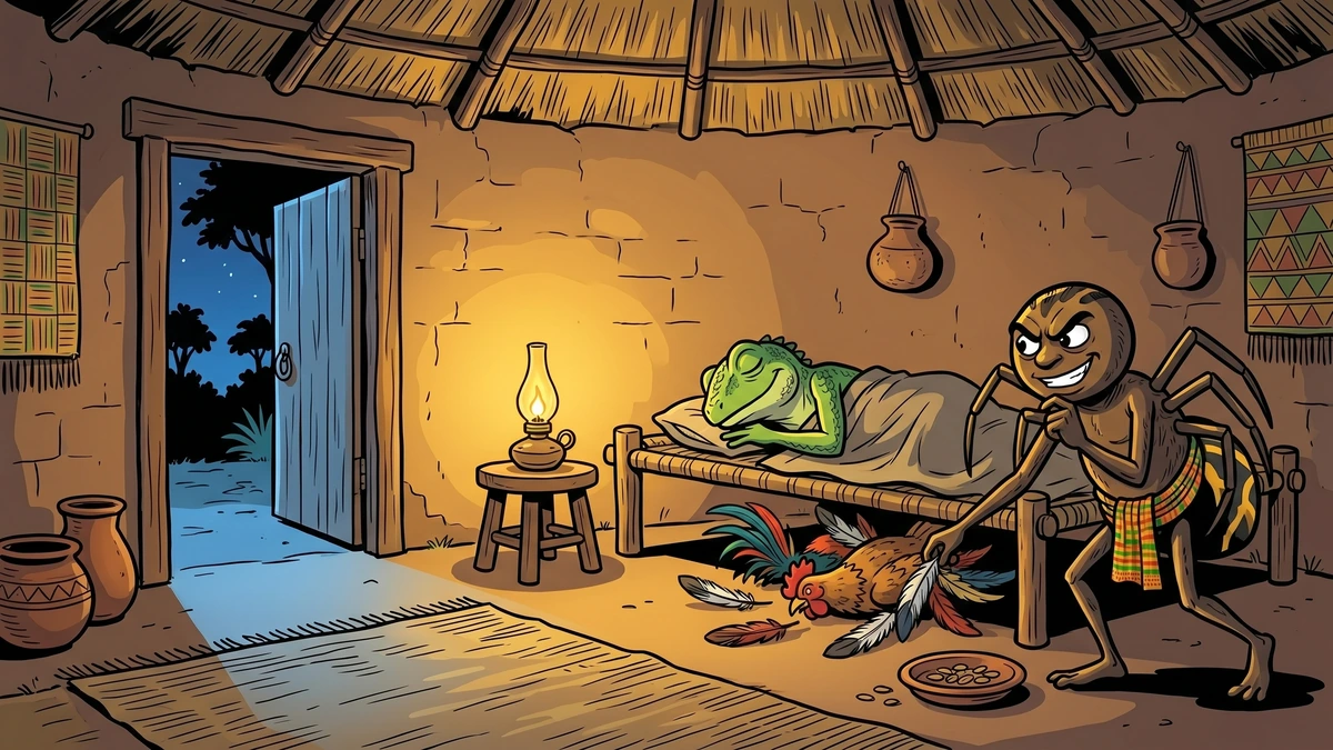 Anansi creeps into the lizard's hut at night, hiding the king's cock feathers beneath the bed to frame his friend
