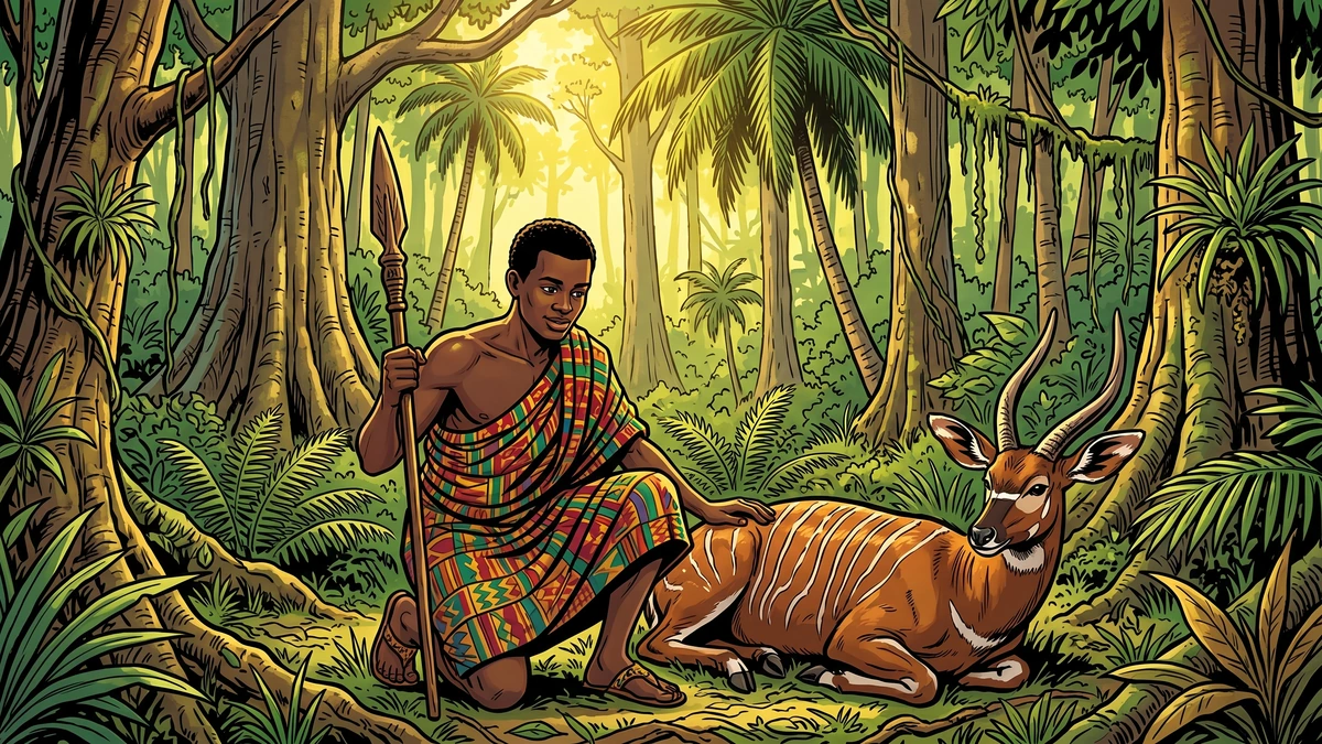 Kweku Tsin kneels proudly beside the deer he has hunted in the lush West African forest.
