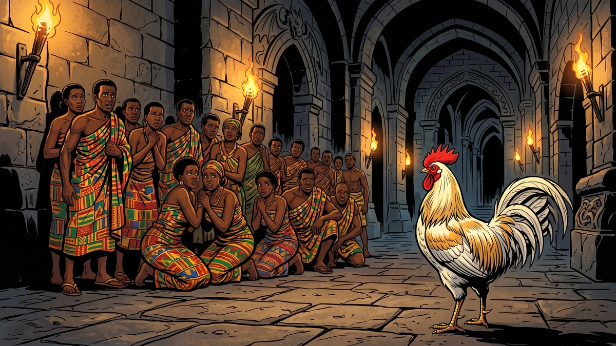 Frightened captives huddle in the torchlit hall of the dragon's castle while the white cock stands guard.