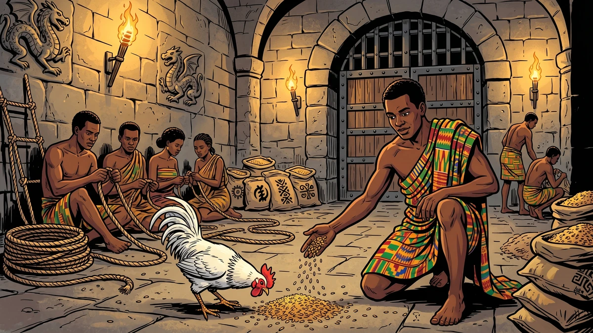 Kweku Tsin scatters rice to keep the white cock silent while the prisoners weave a strong rope ladder.