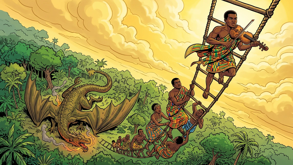 The freed captives climb the rope ladder into the sky as the fire-breathing dragon falls to earth below.