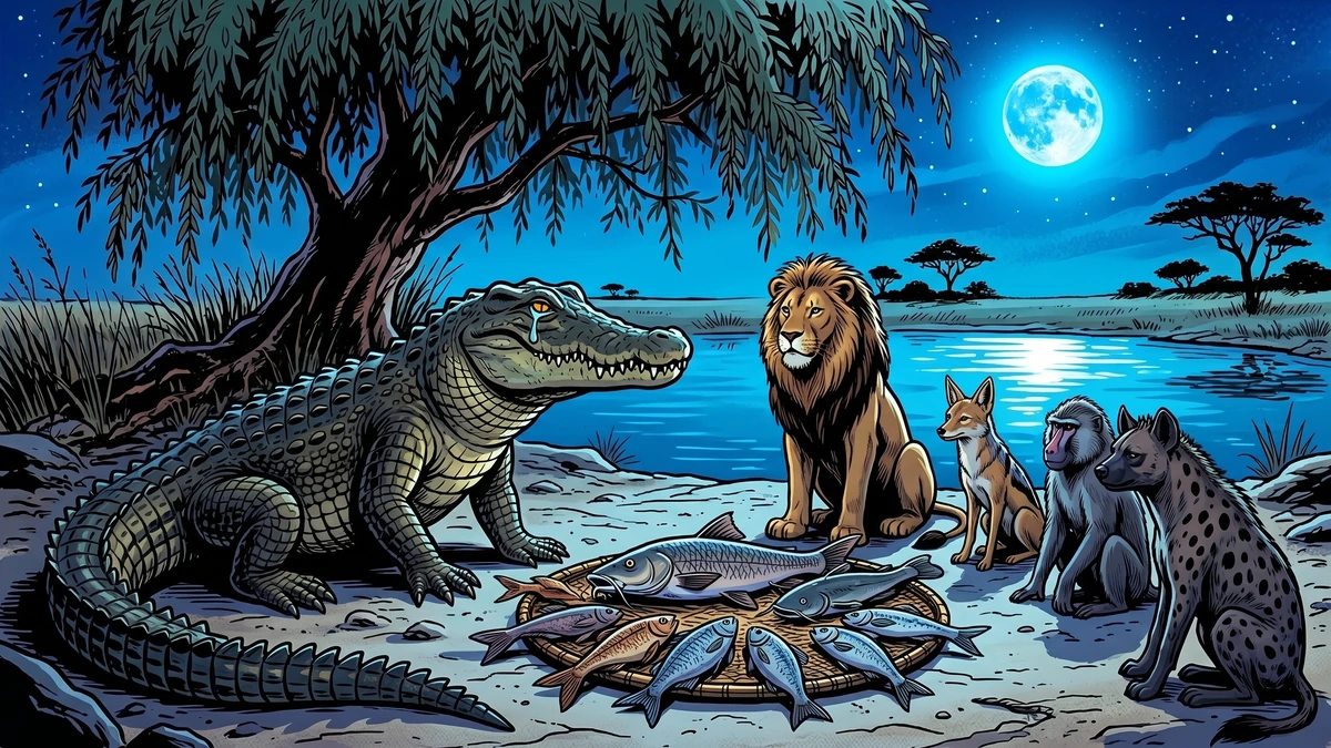 Under the vaarland willow by moonlight, Crocodile weeps tears of joy and feasts Lion’s council while quietly plotting their ruin.
