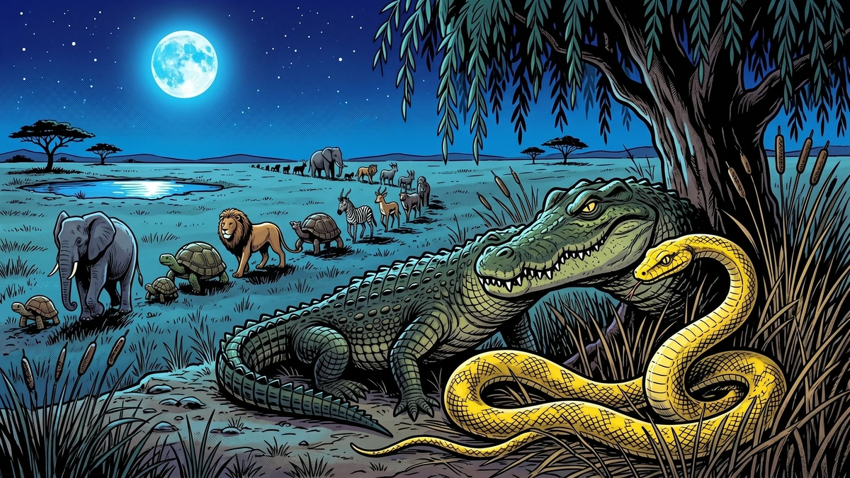 Crocodile draws Yellow Snake aside in the reeds to whisper the secret signal that will spring the trap.