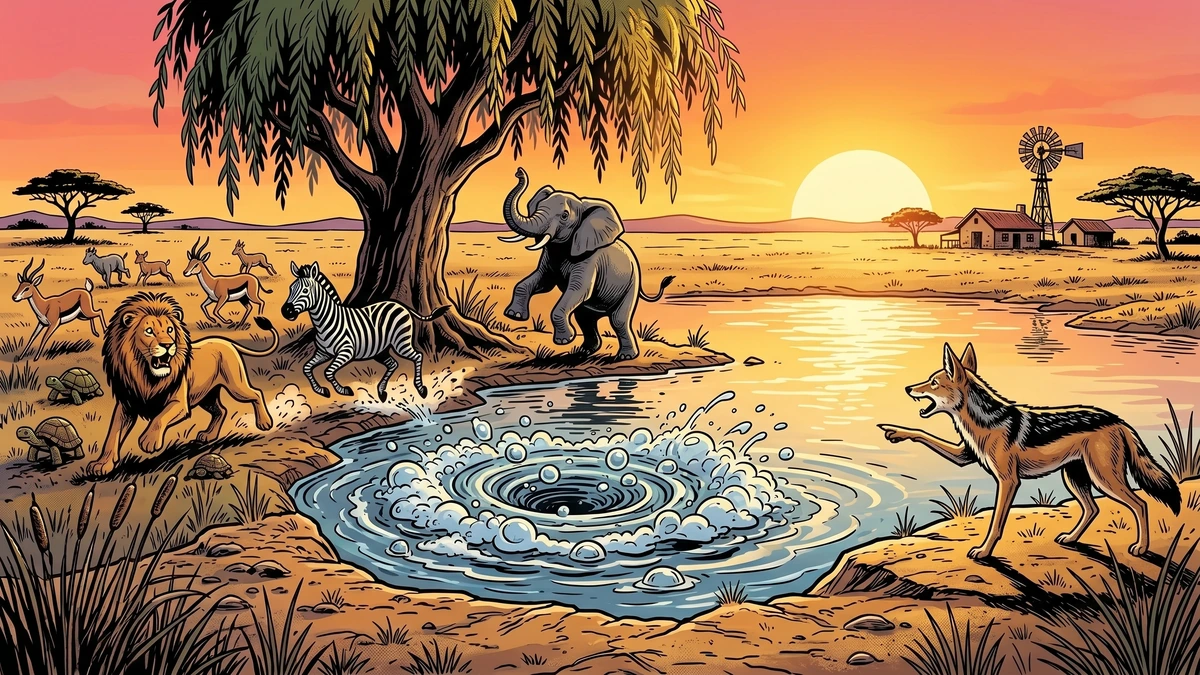 Dawn at the sea-cow pool: the first shot falls, Crocodile vanishes in a trail of bubbles, and Jackal’s warning echoes across the water.