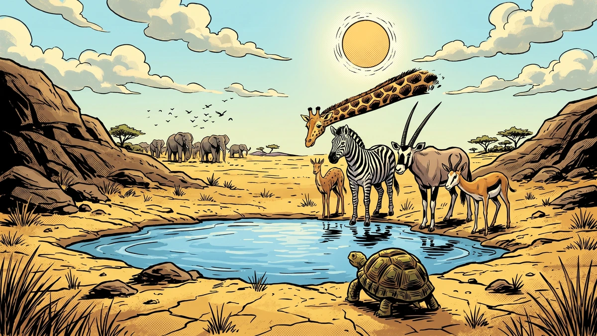 Tortoise guarding the last lagoon as the thirsty animals of the plain come down to beg for water.