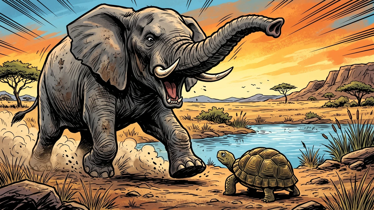 Tortoise creeps out unhurt after the proud Elephant, who swallowed him whole, has fallen.