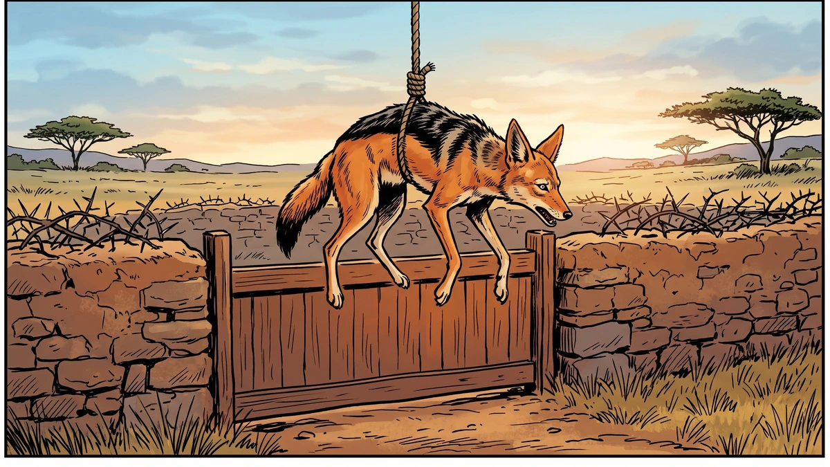 Comic-style illustration of a black-backed jackal caught in a rope wip snare, swinging at dawn beside a stone sheep kraal