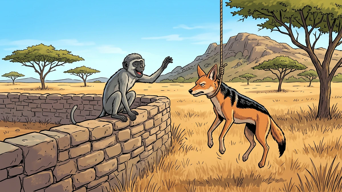 A vervet monkey perched on the kraal wall mocking the trapped jackal in the morning light