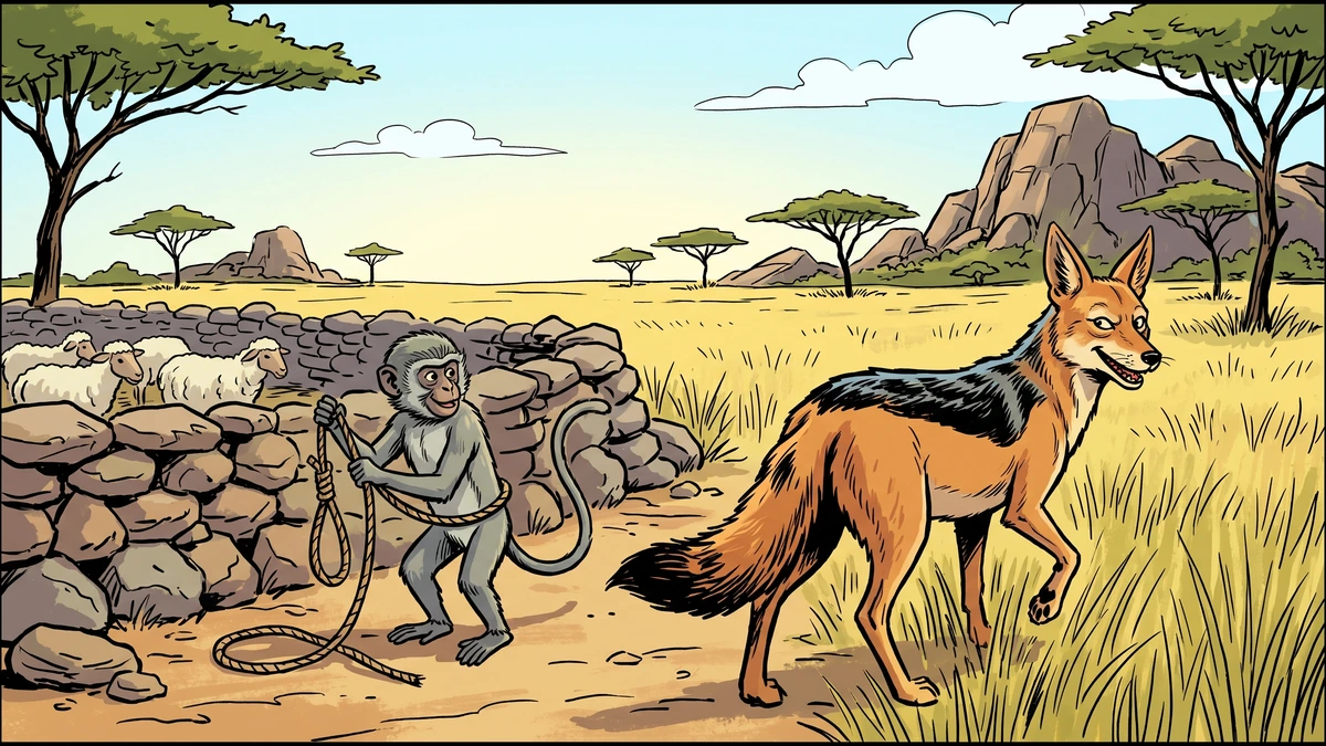 The monkey fitting the noose around himself while the freed jackal slips away grinning