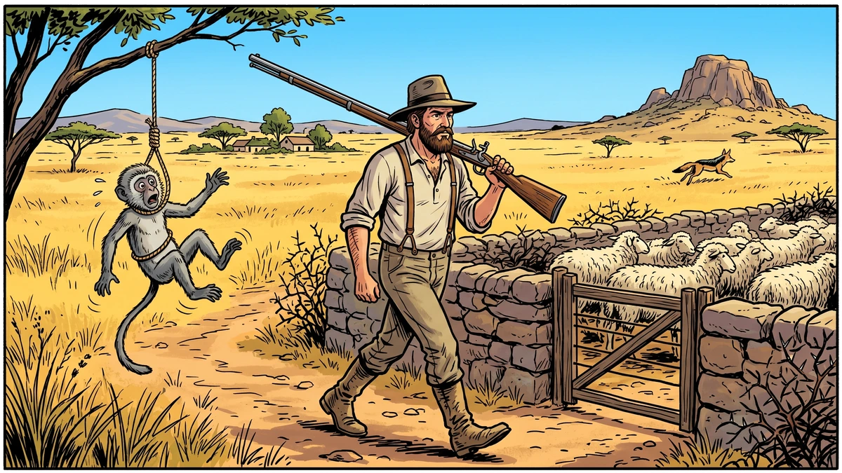 A 19th-century Boer farmer arriving with a musket to find the monkey caught in the snare