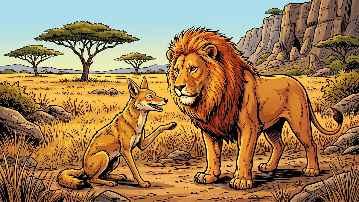 Comic-style illustration of a great tawny lion and a lean clever jackal striking a winter hunting partnership on the dry South African veld