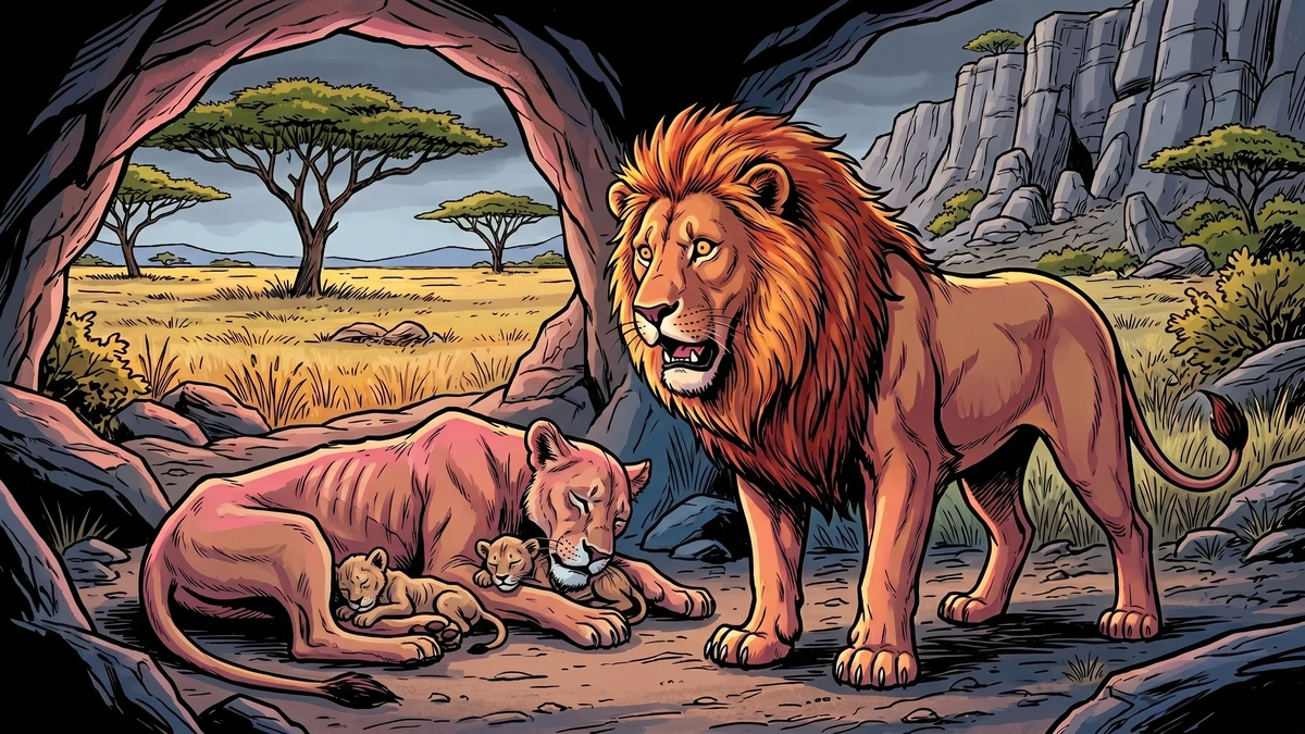 Comic-style illustration of the lion returning home to find his family thin and starving while the jackal has hoarded the shared meat