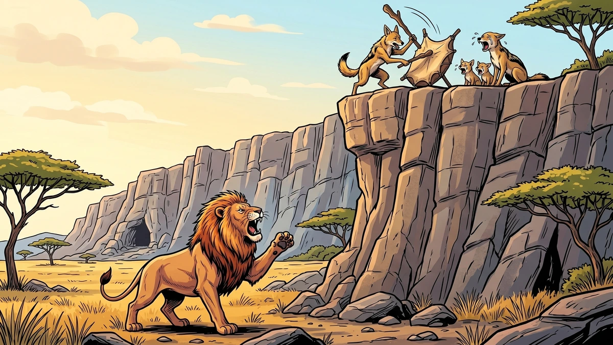 Comic-style illustration of the jackal on a cliff-top hauling the lion up on a rawhide reim and cutting the rope so the lion crashes down