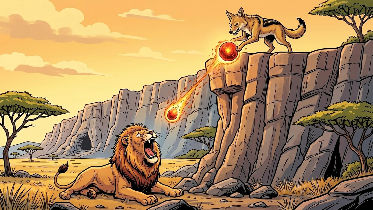 Comic-style illustration of the jackal dropping a fat-wrapped red-hot stone into the open mouth of the famished lion at the foot of the cliff