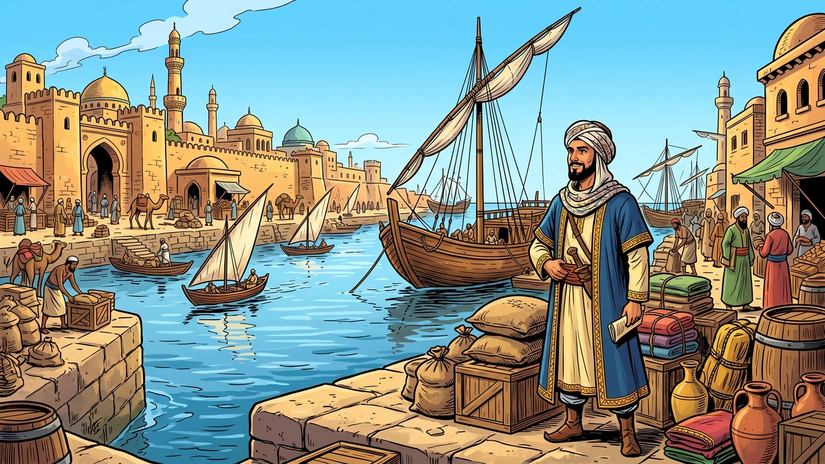 Sinbad the merchant standing on the sunlit Basra quay beside his bundles of trade goods, a wooden dhow anchored beyond