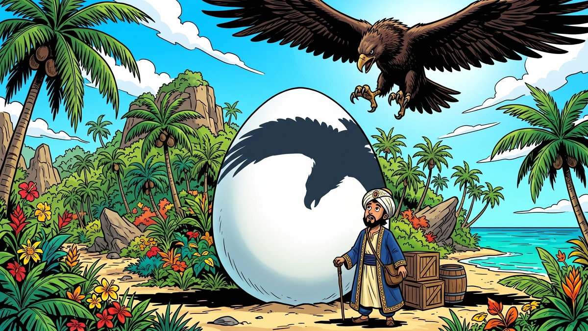 Sinbad beside the enormous white Roc's egg on the green island as the colossal bird descends from the sky