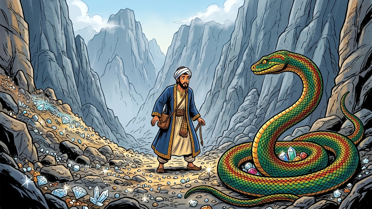 Sinbad in the Valley of Diamonds, gems strewn across the rocky floor, a giant serpent coiled nearby