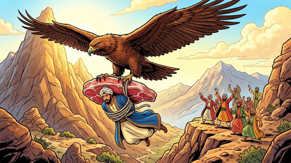 A great eagle carrying Sinbad tied beneath a slab of meat up the mountainside as merchants watch in astonishment