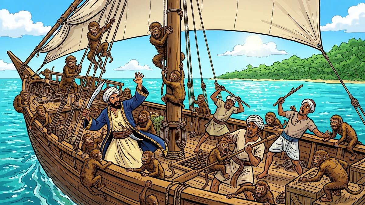 Sinbad and his merchant crew aboard their ship as a swarm of small hairy ape-like creatures overruns the deck and rigging